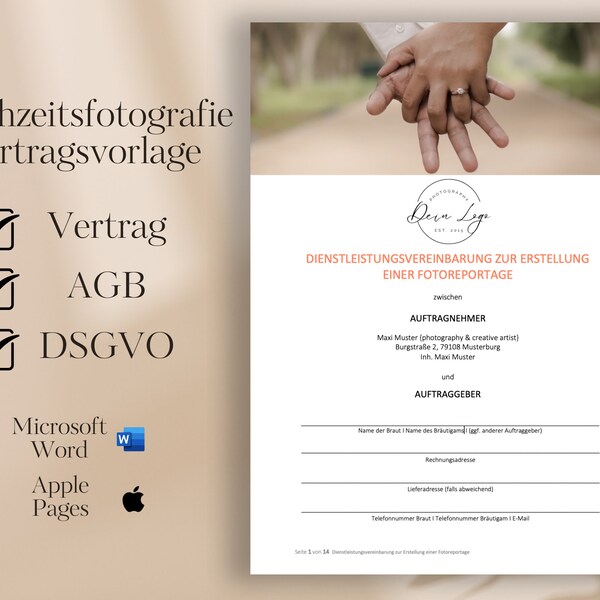 Vertragsvorlage Hochzeitsfotografie inkl. AGB & DSGVO | MS Word + Apple Pages | individuell anpassbar