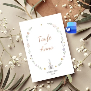 May include: A white card with the word "Taufe" and the name "Anna" in a floral wreath design. The card also features a small church illustration and text at the bottom. The background includes floral elements and a Microsoft Word icon.