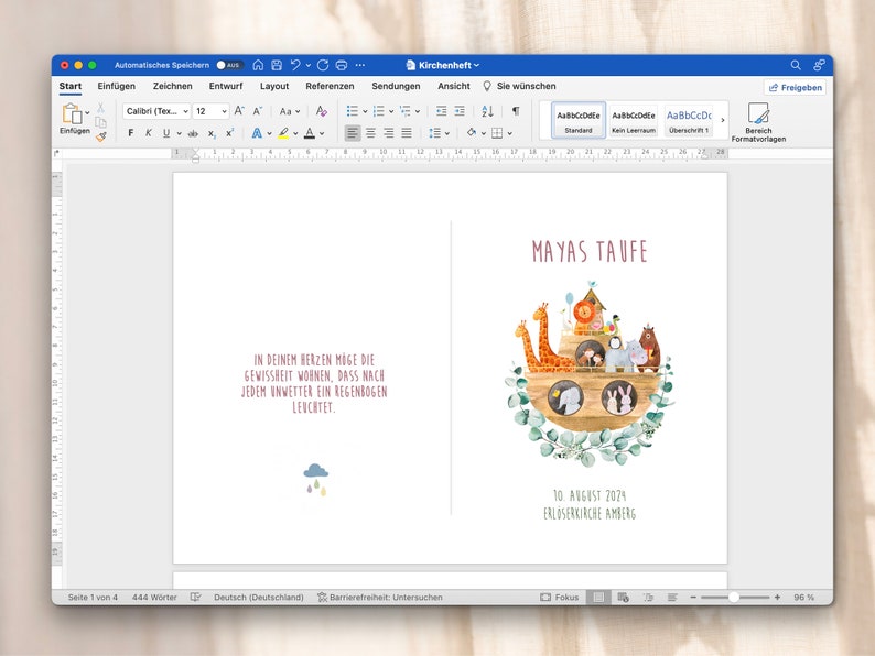 Church booklet baptism, 8 pages, digital Microsoft Word template, Noah's Ark image 2