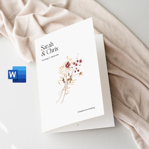 Puede incluir: Una tarjeta blanca con el texto "Sarah & Chris" y la fecha "Sábado, 12 de septiembre". La tarjeta también presenta una ilustración de acuarela de un ramo de flores secas con acentos rojos y amarillos. El texto "Gitterkirche Amberg" está en la parte inferior de la tarjeta.