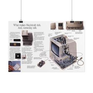 May include: A vintage Macintosh computer advertisement poster titled What makes Macintosh tick. And, someday, talk. The poster features technical diagrams, text descriptions, and a detailed cutaway illustration of the beige computer hardware.
