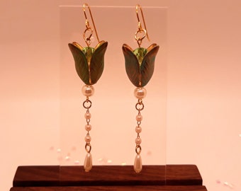 Romantic Green and Pearl Floral Drop Earrings
