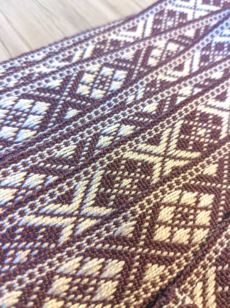 May include: Close-up of a woven fabric with a geometric pattern in shades of brown and white.