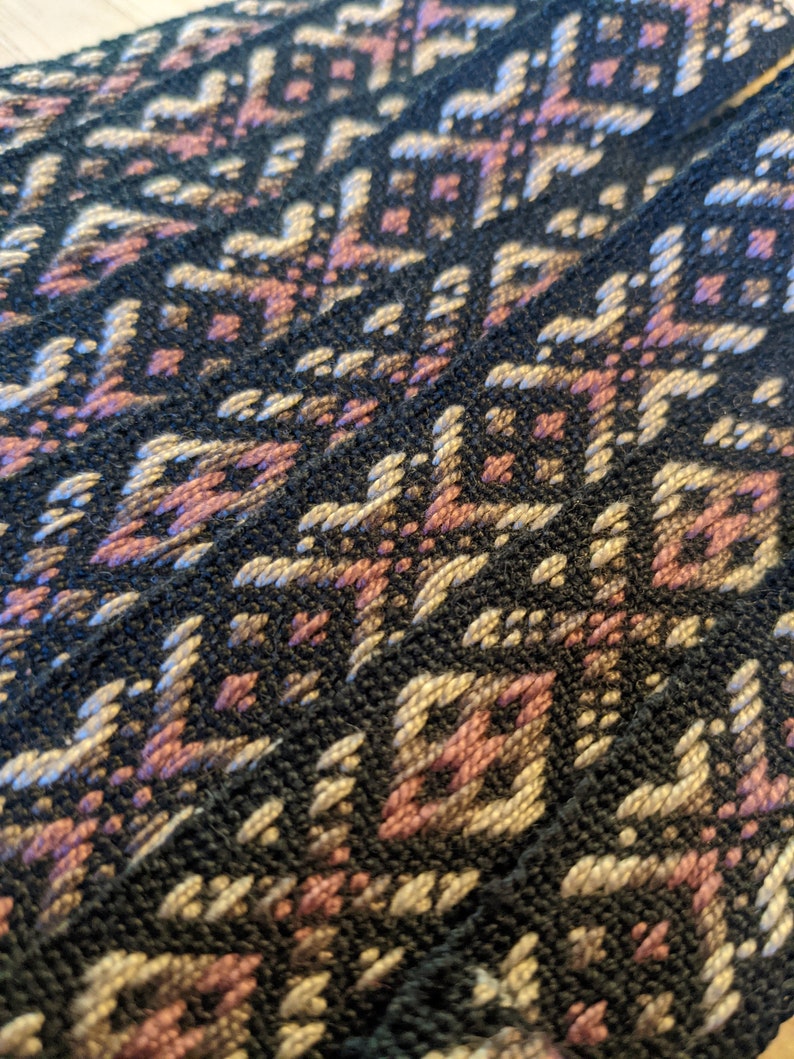 May include: Close-up of a woven fabric with a geometric pattern in shades of black, brown, and pink.