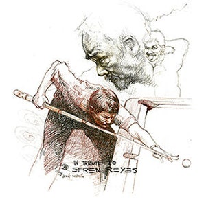 May include: A black and white pencil drawing of a person playing pool. The person is wearing a red shirt and is in a bent-over position, aiming the cue stick at the ball. The drawing is titled "In Tribute to Efren Reyes".