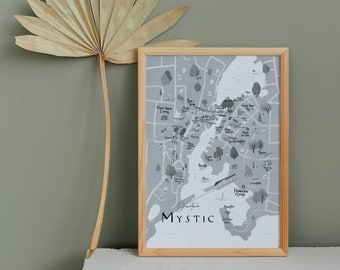Map of Downtown Mystic CT, Modern Illustrated Map of Mystic CT in Neutral White Classic, Mystic CT Map of Downtown