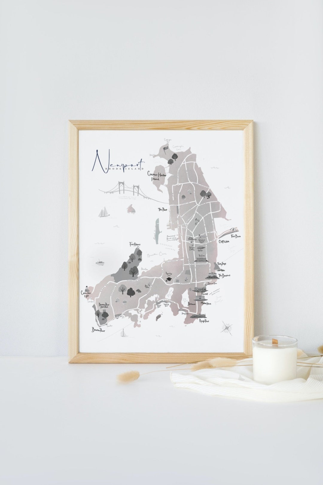 Newport RI Map Modern Illustrated in Neutral White Sand - Etsy