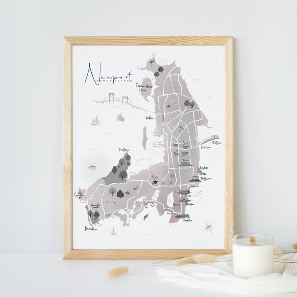 Newport RI Map Modern Illustrated in Neutral White Sand