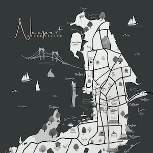 Karte von Newport RI Umrahmt im glatten Matt-Schwarz Hand illustriert * digitaler download *