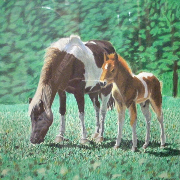 Horses Colored Pencil Digital Art Print Unframed Mare Foal Pinto Pasture Pastoral