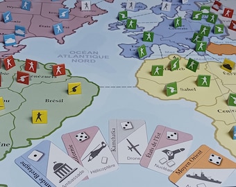 Juego de mesa imprimible tipo RISK – CONQUEST – Estrategia militar moderna – Ejércitos, drones, barcos y territorios – PDF 7 años+ Mapa del mundo