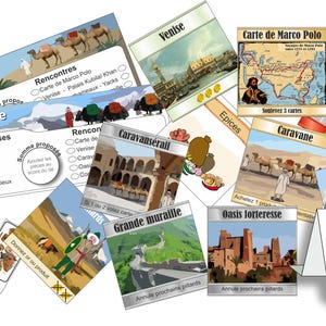 Puede incluir: Un juego de mesa colorido con cartas que muestran imágenes de camellos, caravanas y un mapa de los viajes de Marco Polo. El juego incluye cartas con texto en francés, como "Caravane" y "Rencontres".