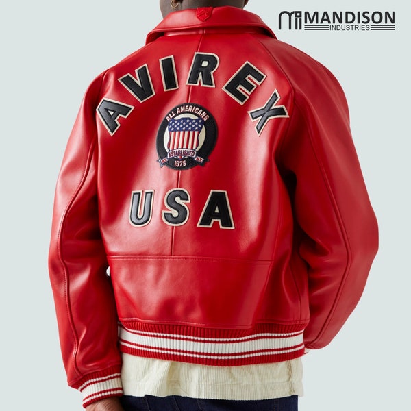 Blouson en cuir iconique, Blouson iconique rouge, Blouson édition USA, Blouson iconique de marque, Blouson aviateur en cuir militaire, Blouson aviateur en cuir brodé USA