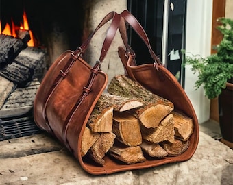 Porta tronchi di legna da ardere in pelle, borsa porta tronchi personalizzata, borsa tote fatta a mano per legno, porta legna da ardere, borsa per il trasporto di legna da ardere, vera pelle