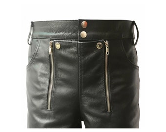 Men Double Zipper Snap Button Front Real Black Leather Shorts, Men fancy leather short, Double zipper leather short, Summer wear shorts.