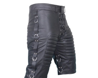 Men's Front Lace Up Quilted Real Black Leather Shorts, Shorts with frond laces and side buckle, Men's leather short, Summer shorts for him.