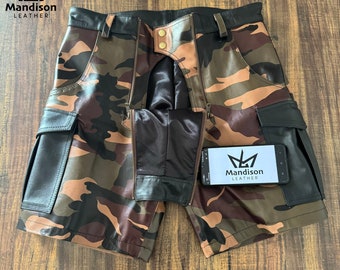 Handmade camouflage leather shorts, Leather gay shorts, Leather men's short, LGBTQ lovers shorts, Party shorts, Summer shorts, Gift for gays