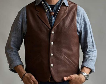 Men's Cowhide Leather Vest With Animal Print - Hair-On Western Waistcoat Black & White