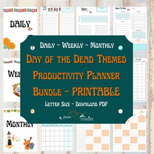 Productivity Planner Printable Bundle, Day of the Dead Theme, Daily, Weekly, Monthly Pages, Inserts, Letter Size Instant Download