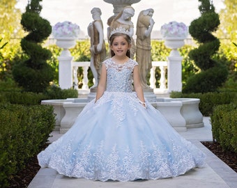 Girls blue couture dress, sequined and beaded Cinderella princess dress, flower Girl Dress, Birthday party First Communion pageant Dress