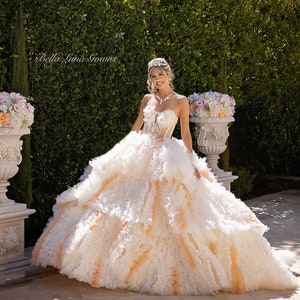 Colored white and orange Bridal Ball Gown, sleeveless, fully hand beaded bodice with sequins, beads and 3D flowers, tiered ruffle skirt