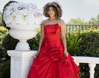 Stock sale, Couture Women's luxury Red ball gown, red wedding dress, with strapless lace up corset back & ruffle train