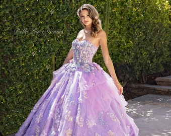 Märchenkleid Mädchen/Frauen | Luxus Brautkleid | Abendkleid | Lavendel Blumen Ballkleid | Gesticktes Kleid | Süßes 16 Kleid