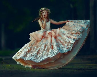 girls Couture Blush pink ball gown birthday party pageant flower girl dress, short sleeve, beaded bodice, 3D flower lace