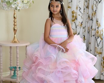 Girls Pink Ombre dress with tiered rainbow tulle skirt, Rainbow Flower Girl Dress, Birthday party Tutu Dress