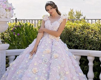 Stock Sale, Lavender bridal quinceanera sweet 16 ball gown dress, pearl & sequin beaded, sleeveless, illusion back, 3D flowers,