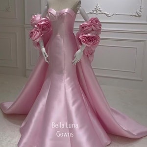 Modern satin Wedding dress, evening dress, with trumpet silhouette, sleeveless, sweetheart neckline, Flower cape