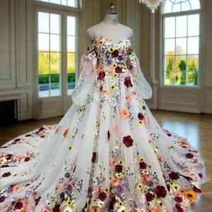 Colorful Bridal A line Wedding Dress with colorful flowers, off shoulder sleeves, sweetheart neckline.