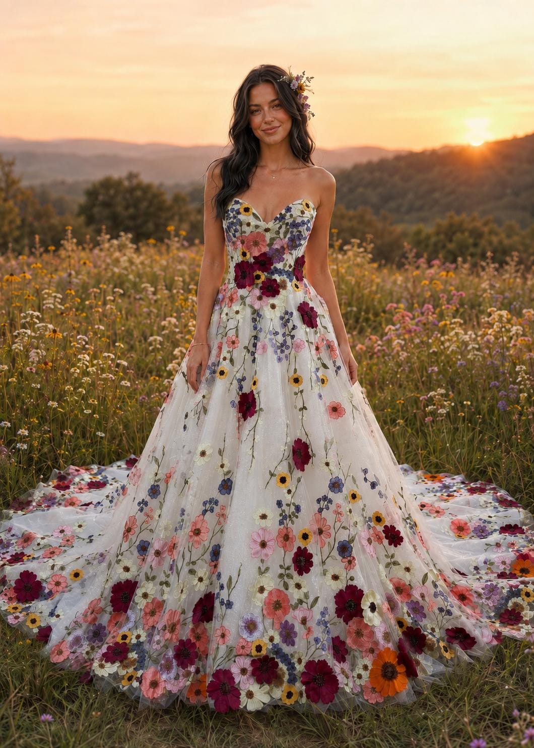 Colorful Floral Wedding Dress, 3D Embroidered Wildflower A-Line Bridal Gown, Bold Garden Wedding Dress, Unique Romantic Bridal