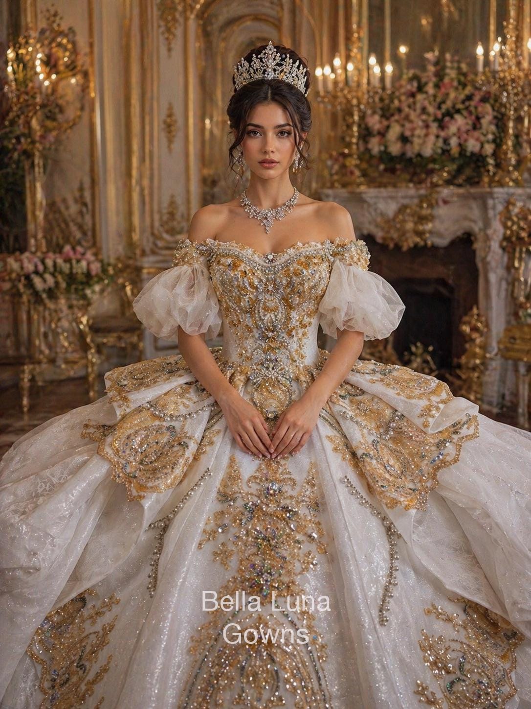 Luxury Gold Embroidered Quinceanera Ball Gown, Off-Shoulder Sleeves