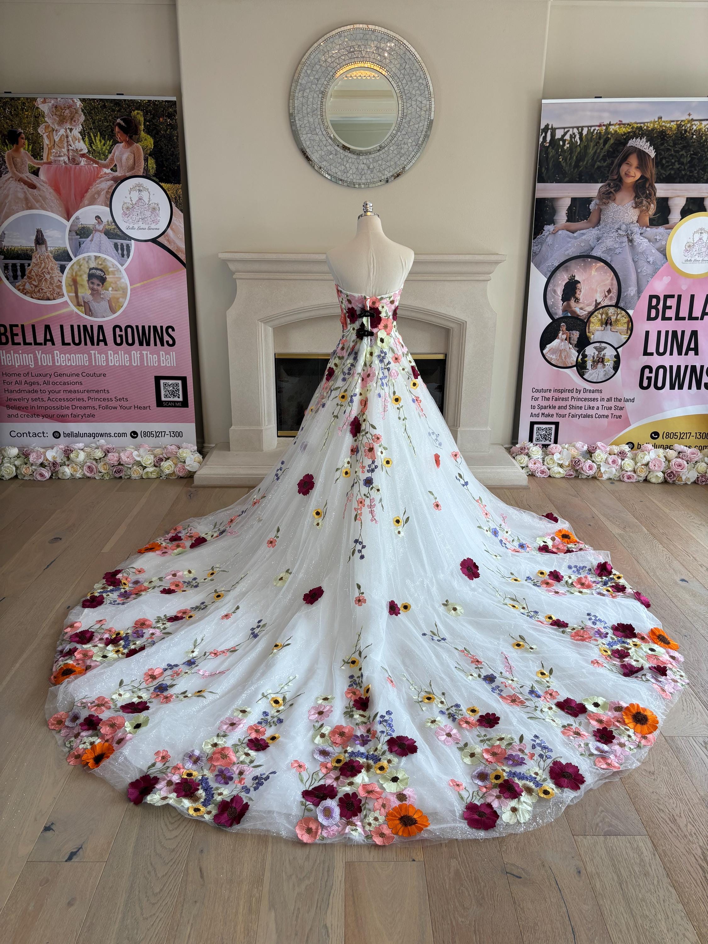 Colorful Floral Wedding Dress, 3D Flower Bridal Gown, Bold Garden Wedding Dress, Embroidered Tulle Couture Dress, Unique Romantic Bridal