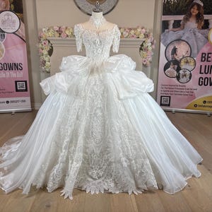 Ivory Princess style wedding quinceanera ball gown dress with beautiful sequin and crystal beaded embroidered lace & 3D flowers