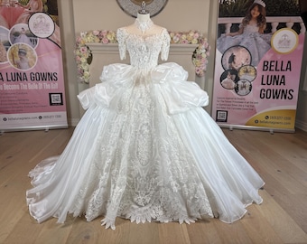 Ivory Princess style wedding quinceanera ball gown dress with beautiful sequin and crystal beaded embroidered lace & 3D flowers