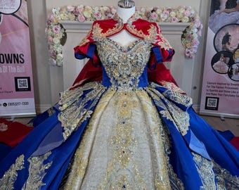 Royal Blue Gold Quinceanera Ball Gown, Fairytale Princess Dress With Cape