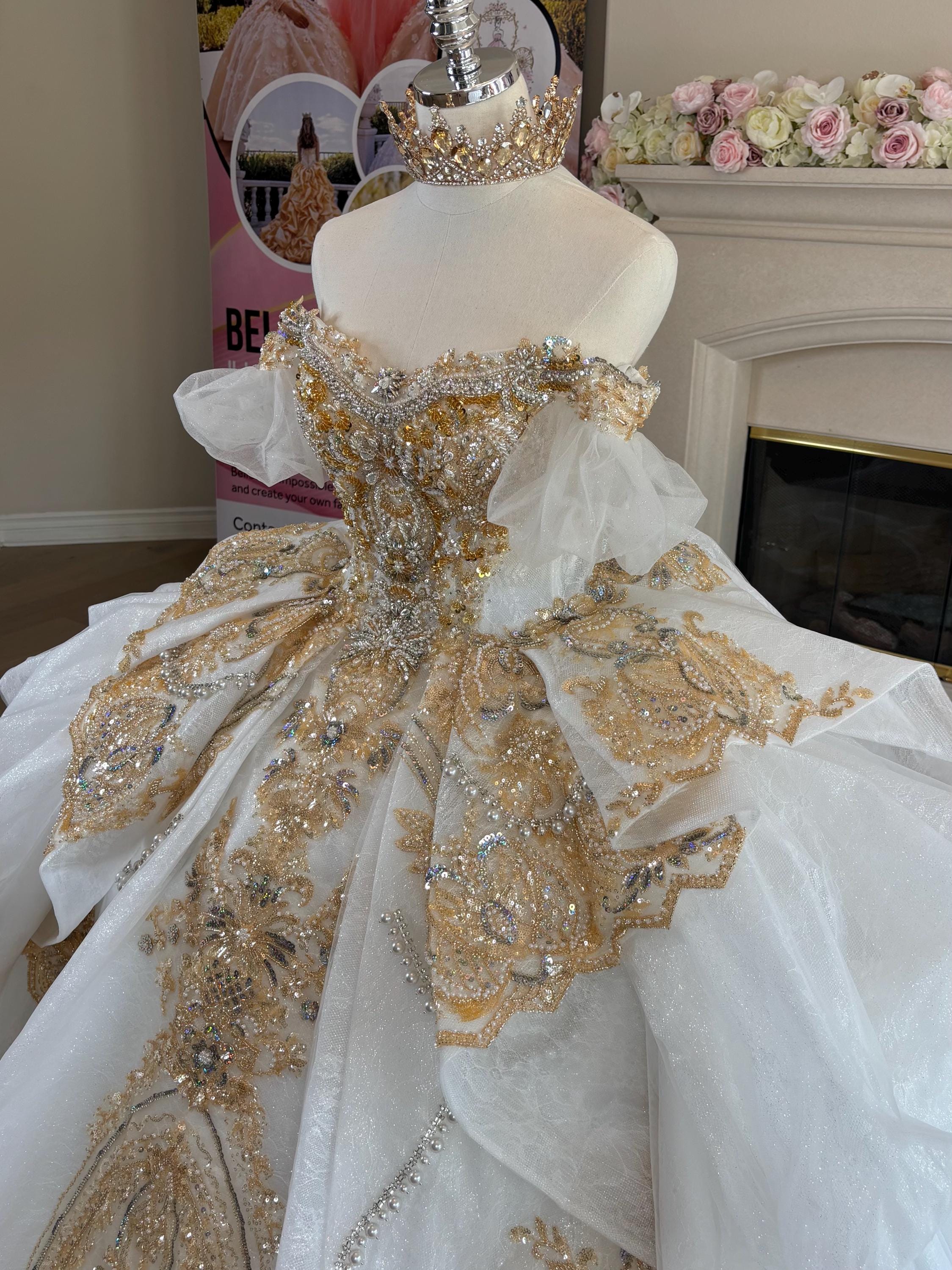 white and gold quinceanera dresses Dancing Queen 5107 Long Dress PromGirl Quinceanera Dresses Gold Quinceanera Dresses White And