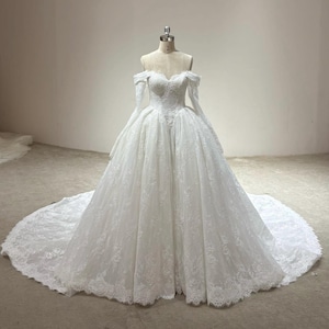 Luxury custom Lace Ball Gown wedding dress, with Basque waist, sweetheart neckline, strapless with removable off shoulder sleeves, & gloves