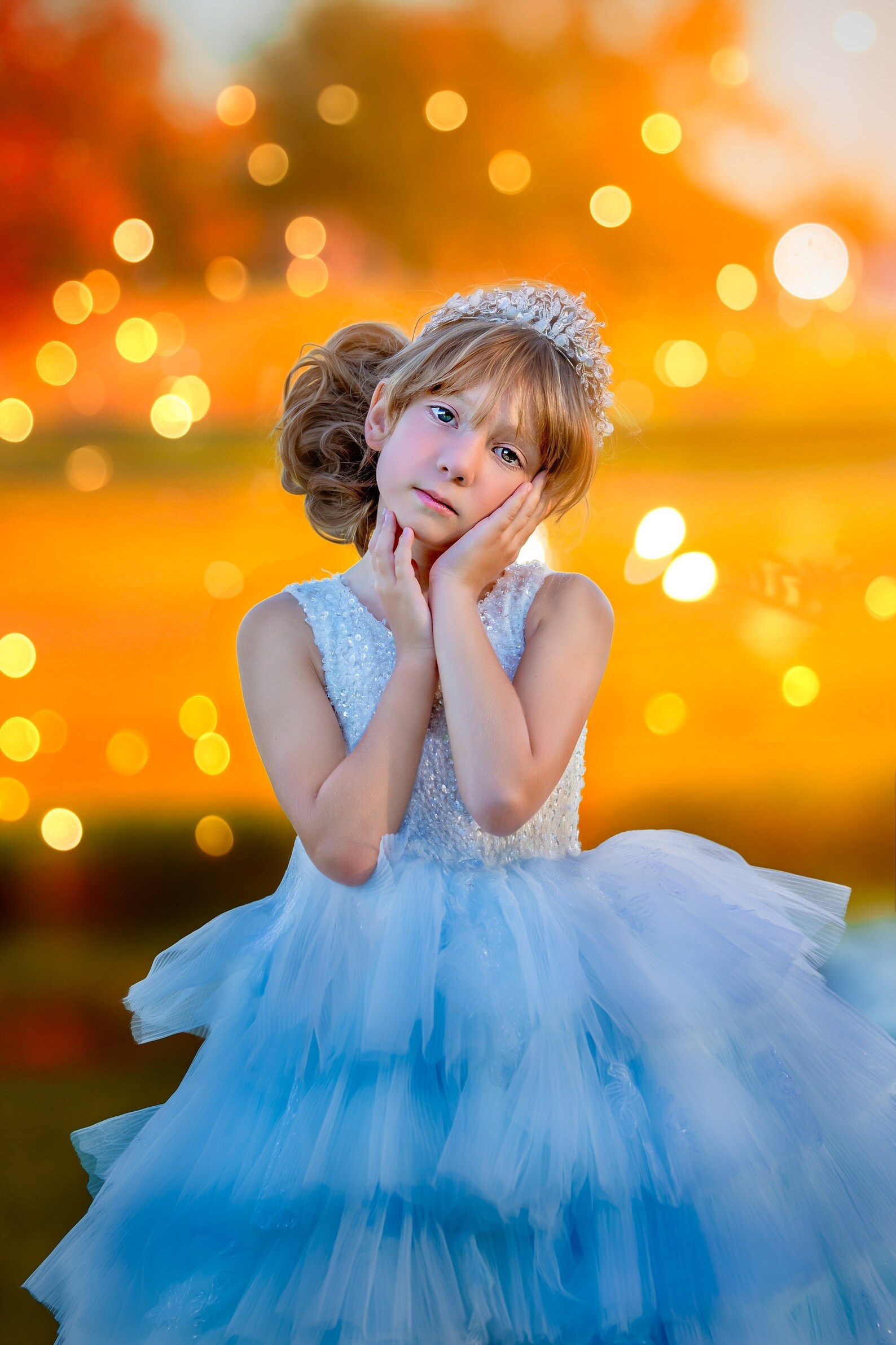 Glittering Winter Queen Blue Sequin Gown for Girls with Snowflake Cape