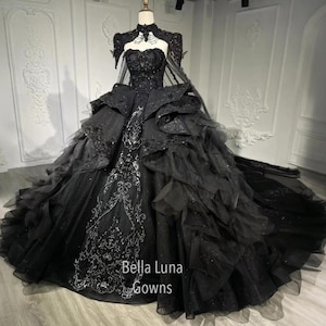 Luxury two piece Black ball gown wedding dress quinceanera dress with shoulder cape