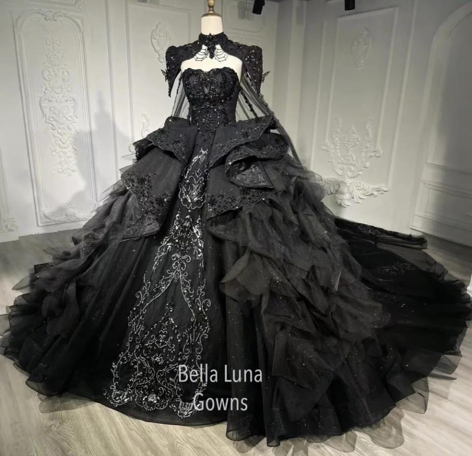 black xv dresses Black Quinceanera Dresses with Bow Glittery Tulle Lace Beaded Party Go –  Hebebridal main image 0
