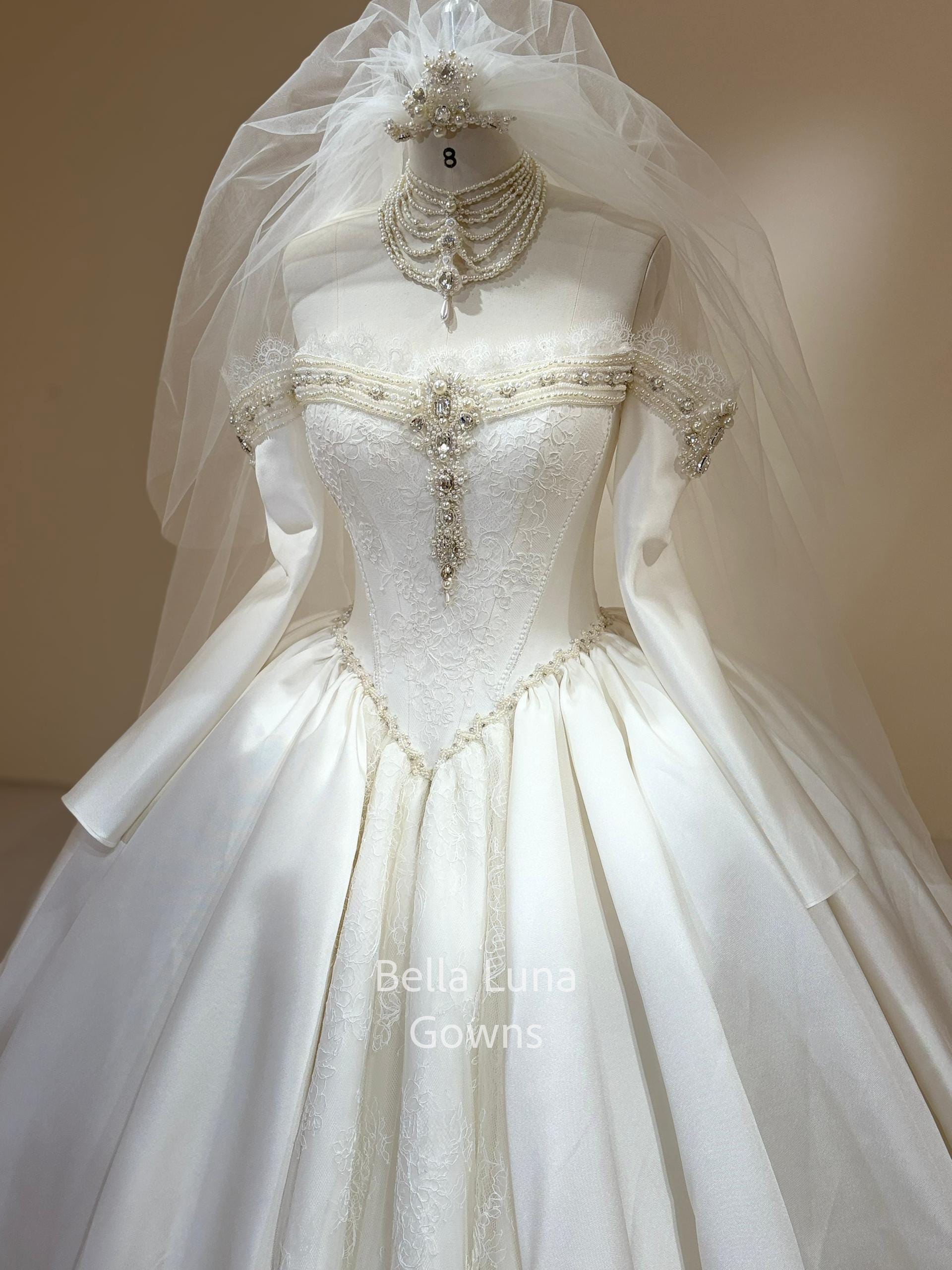 Baroque Royal Satin Ball Gown Wedding Dress, Peals Beaded, Lace Corset Baroque Royal Satin Ball Gown Wedding Dress, Peals Beaded, Lace Corset