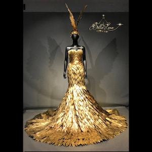 Women&#39;s Costume, Goddess Costume, Pageant Dress, Feathered Dress, Girls Costume, Luxury gold Costume, Prom Dress