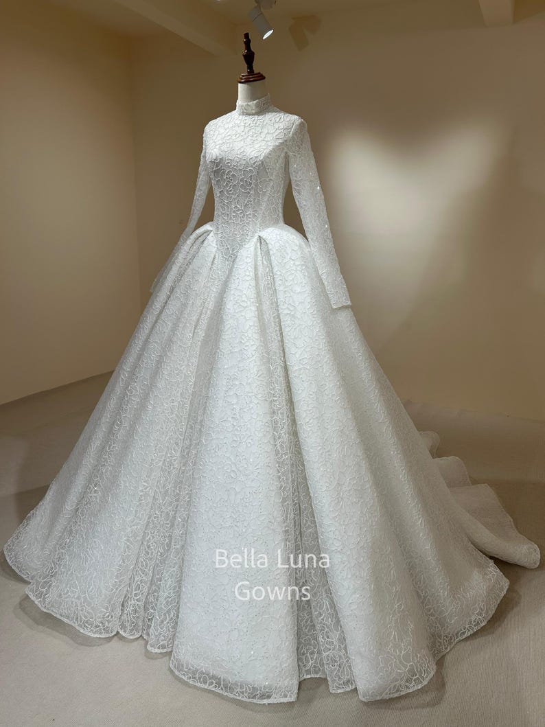 Elegant Lace Ball Gown Wedding Dress, High Neckline, Long Sleeves - Etsy
