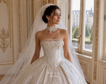 Baroque Satin Ball Gown wedding dress, Beaded Corset and Long Train