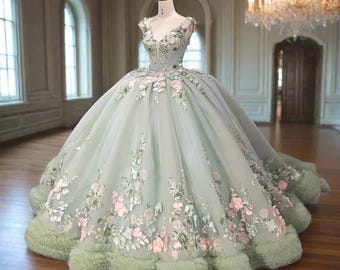 Green Quinceanera Ball Gown Evening Gown, Deep V neckline, Corset back, Ruffle Skirt, Pink 3D Floral Applique