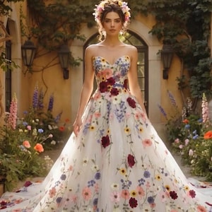 Colorful Floral Wedding Dress, 3D Flower Bridal Gown, Bold Garden Wedding Dress, Embroidered Tulle Couture Dress, Unique Romantic Bridal