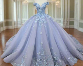 Lavender bridal Quinceanera ball gown dress, off shoulder sleeve, Crystal  pearl & sequin beaded w/3D flowers and butterflies, glitter tulle